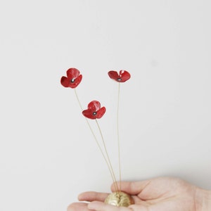 Red poppies metal sculpture, brass flowers art object with red enamel, three poppies gold red sculpture, flower decor, scarlet poppies art image 1