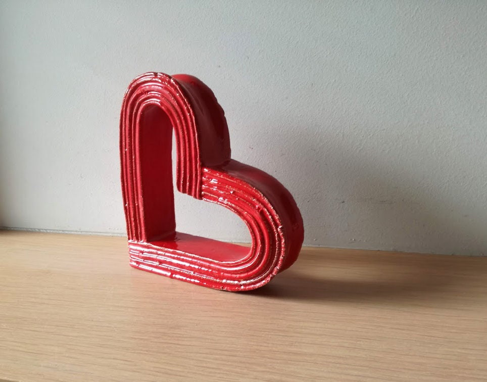 Red heart sculpture, bright red, ceramic heart outline sculpture