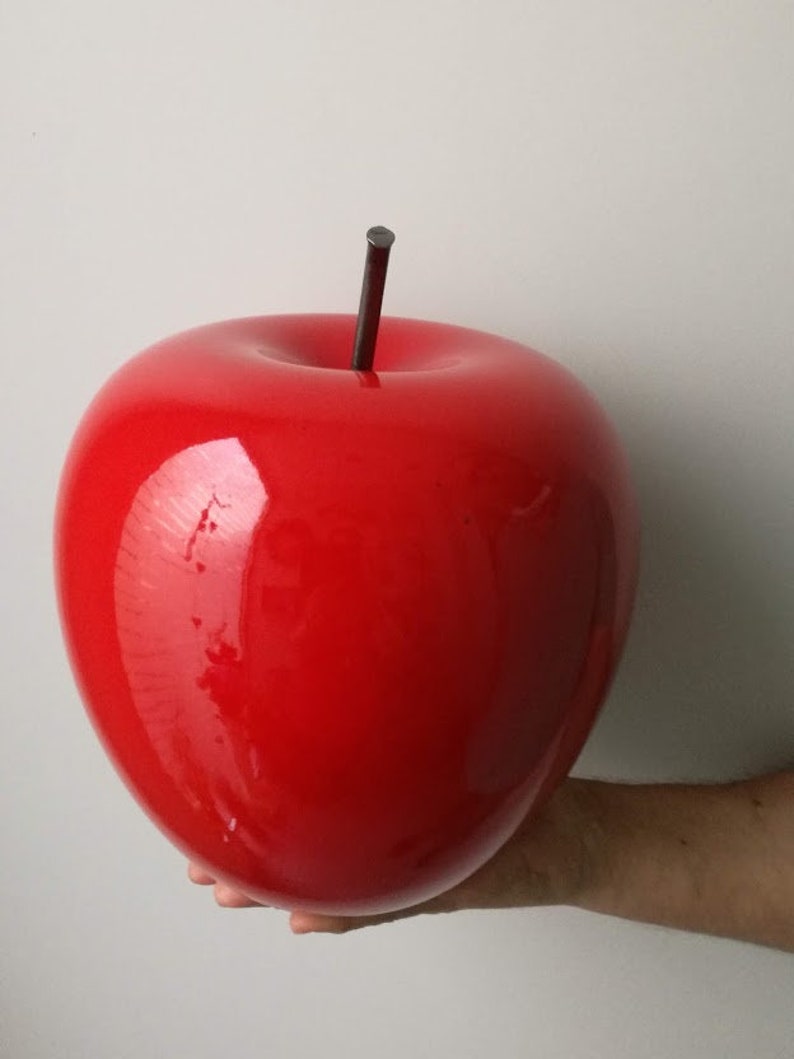 Large apple sculpture, large scarlet ceramic apple with black, iron stem, large apple sculpture, modern apple art object image 9