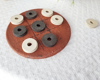 Ceramic tictactoe, ceramic board game of red, black and white stoneware clay, hand built noughts and crosses table game