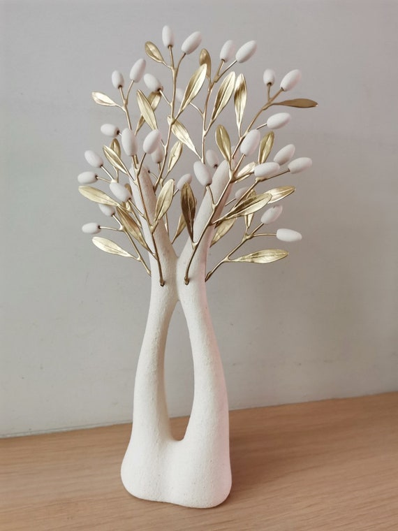 White Olive Tree, Ceramic Olive Tree With Brass Olive Branches, Olive Tree  With Split Trunk and Ceramic Olives 