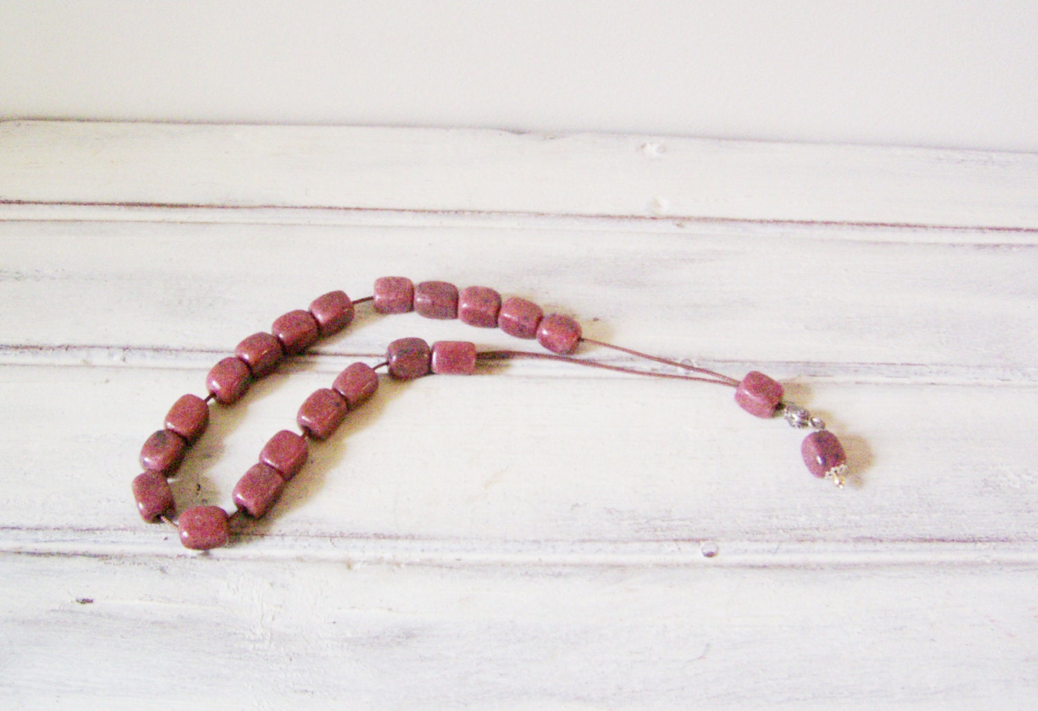 Rhodonite worry beads, four sided rhodonite beads set with sterling