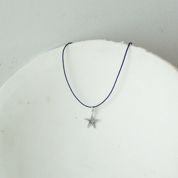 Silver starfish pendant, solid, sterling starfish pendant on a black cord, tiny starfish necklace, Greek handmade jewellery