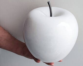 White apple sculpture, large white ceramic apple with black, iron stem, large apple sculpture in glossy white