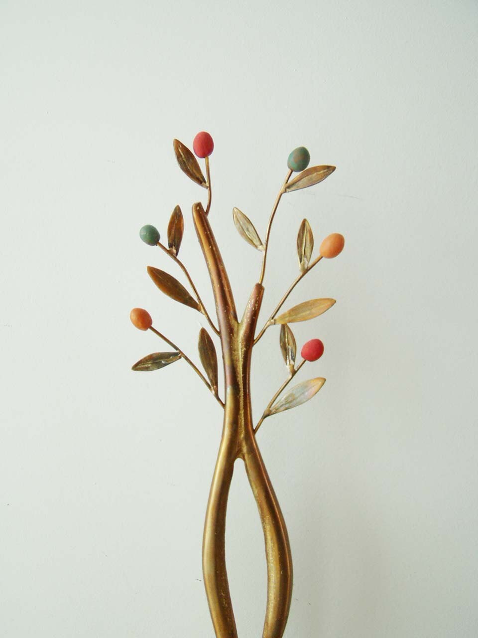 Modern olive tree sculpture, brass olive tree with colourful olives