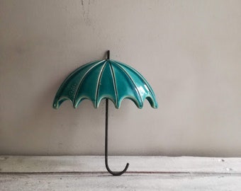 Ceramic umbrella sculpture, wall umbrella miniature, turquoisel wall umbrella with iron handle, umbrella wall hanging