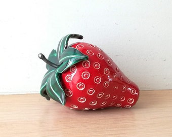 Large strawberry sculpture, scarlet ceramic strawberry with green sepals and iron stem, earthenware clay