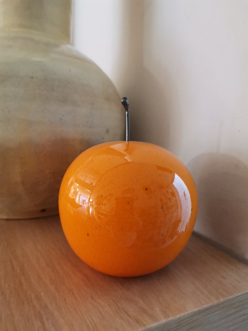 Ceramic orange sculpture, orange fruit in bright orange, earthenware clay orange with black, metal stem image 10