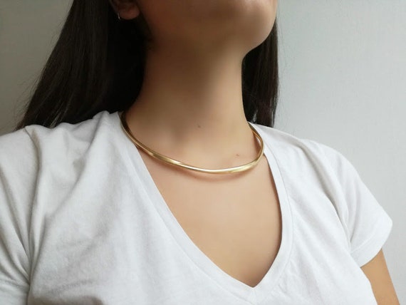 Gold choker necklace, brass gold plated thick cho… - image 5