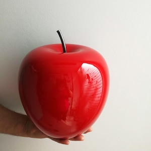 Large apple sculpture, large scarlet ceramic apple with black, iron stem, large apple sculpture, modern apple art object image 1