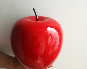 Large apple sculpture, large scarlet ceramic apple with black, iron stem, large apple sculpture, modern apple art object