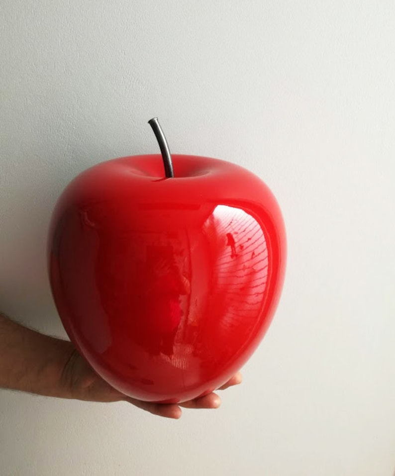 Large apple sculpture, large scarlet ceramic apple with black, iron stem, large apple sculpture, modern apple art object image 1