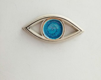 Blue ceramic eye, stoneware clay, small ceramic eye wall sculpture, modern Greek ceramics, modern eye wall sculpture