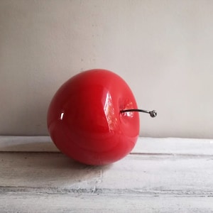 Red apple sculpture, ceramic apple in bright red, earthenware clay red apple with black, metal stem, life size red apple image 8