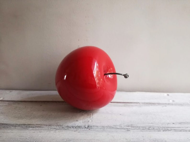 Red apple sculpture, ceramic apple in bright red, earthenware clay red apple with black, metal stem, life size red apple image 8