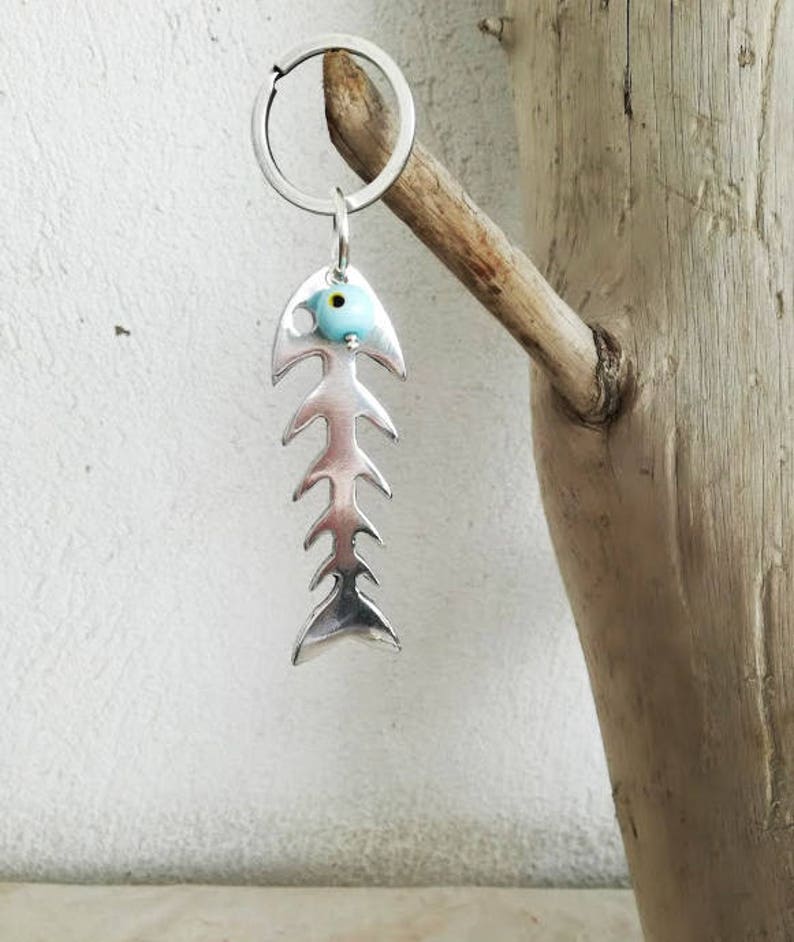 Silver fishbone keychain aluminum fish bone mini sculpture