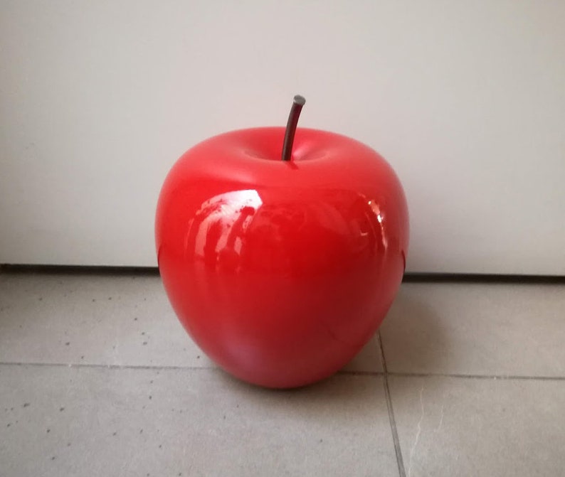 Large apple sculpture, large scarlet ceramic apple with black, iron stem, large apple sculpture, modern apple art object image 4