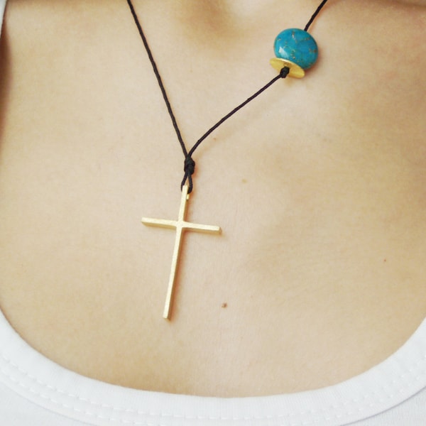 Large gold cross necklace, minimal sterling cross on a black cord with round turquoise stone, made to order