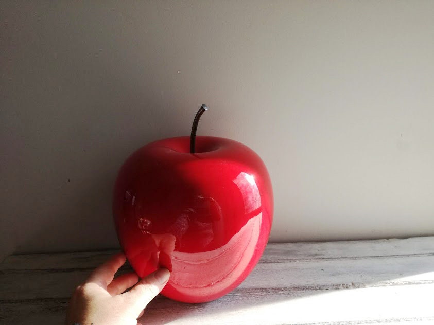 Ceramic apple sculpture, large red ceramic apple with black, iron stem
