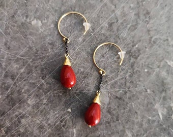 Drop coral earrings, silver  oxidised and gold plated with almond shaped, tomato red, coral stones