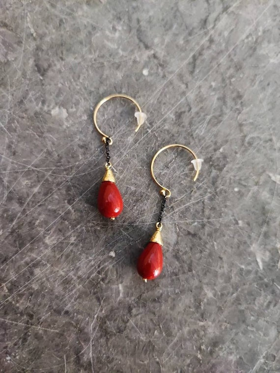 Drop coral earrings, silver  oxidised and gold plated with almond shaped, tomato red, coral stones