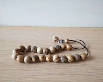 Jasper worry beads, matte, brown beige worry beads on black cord, stone and silver mala, Greek komboloi jasper beads