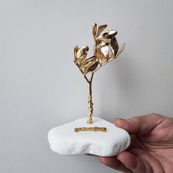Gold tree card holder, real schinus gold twigs on white marble stone, electroplated branch card holder