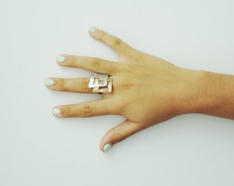 Double squares ring, gold and silver square ring, sterling silver and gold plated, overlapping squares adjustbable ring