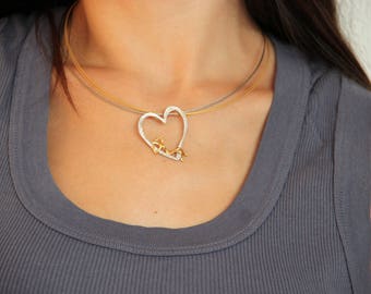 Heart silver necklace, heart and man gold and silver necklace, silver heart outline with gold man figure