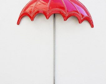 Red umbrella ceramic sculpture, wall sculpture of earthenware clay umbrella in red, ceramic metal, life size, umbrella, modern wall decor