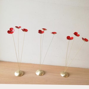 Red poppies metal sculpture, brass flowers art object with red enamel, three poppies gold red sculpture, flower decor, scarlet poppies art image 5