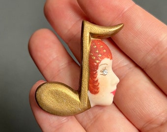 Vintage face music ceramic brooch