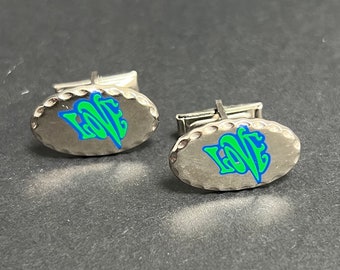 1970s Vintage Love Cufflinks, Chrome, Green, Blue