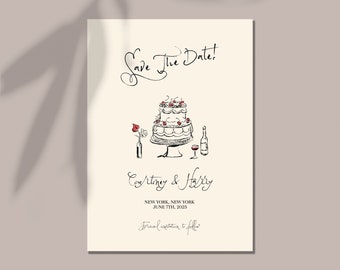 cake wedding invite | french style wedding | vintage cake | retro wedding invite | save the date | whimsical | hand drawn wedding invites