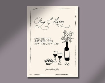save the date | hand drawn illustration | funky handwritten invitation | simple modern | french style | garden wedding | euro wedding