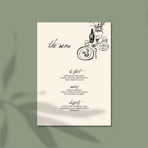 Plantilla de menú de cena, menú dibujado a mano, diseño de menú ilustrado, plantilla de menú de boda, boda en el jardín, menú dibujado a mano, descargable