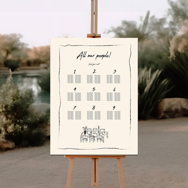 seating chart template, wedding seating chart, event sign template, garden wedding, hand drawn, illustrated wedding signs, downloadable