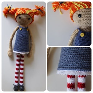 May include: Crocheted doll with red and white striped legs, a blue dress with a white lace trim, and orange and yellow hair in pigtails.