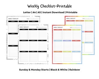 Weekly Planning Checklist: Printable, Letter, A4, A5, One-page, Weekly Organizer, Office Planner, Desk Planner, Undated, Downloadable PDF