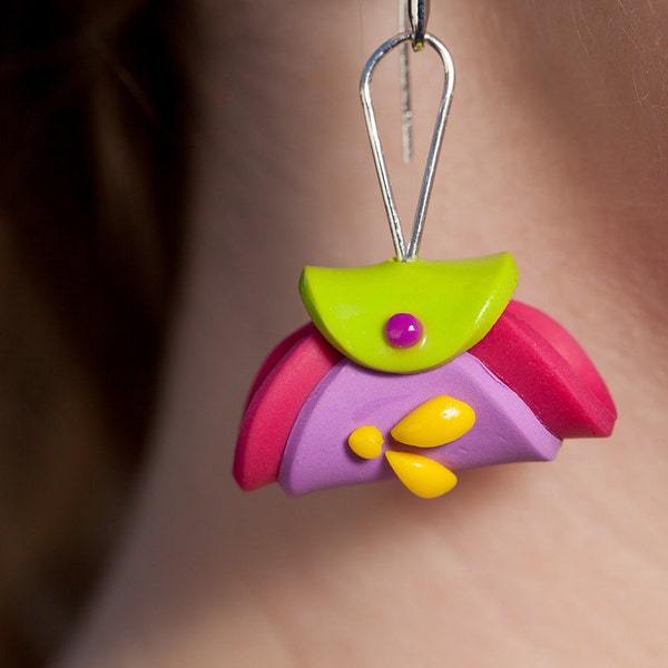 Handbag earring, little handbags in lilac, lime and fuchsia polymer 6 cm / 2.4 inches,  just 1 pair - ready for you