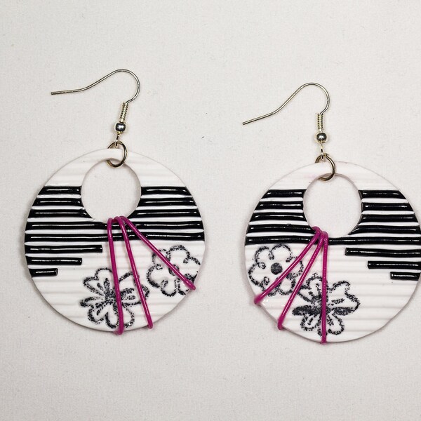 Black & white earrings, black striped earrings, pink stripes black flower, fimo polymer clay, handmade jewelry,OOAK