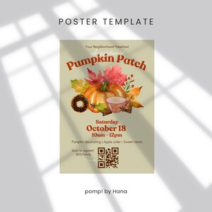Può includere: Un modello di poster a tema autunnale con il testo "Pumpkin Patch" in un font decorativo. Il poster include illustrazioni ad acquerello di una zucca, foglie, una ciambella e una tazza di caffè. L'evento si svolge il 18 ottobre, dalle 10:00 alle 12:00.
