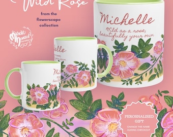 Personalised Wild Rose Mug | Custom Name Floral Ceramic Cup | Artist Illustrated Gift