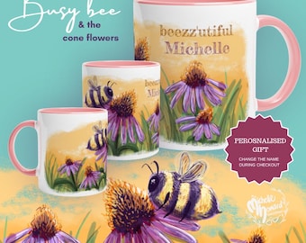 Personalised Bee & Coneflower Mug | Hand-Drawn Wildflower Gift | multi coloured ceramic mug