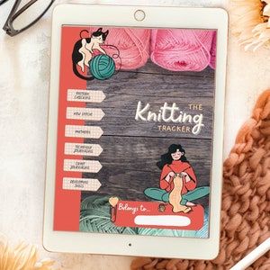 May include: A digital planner on a tablet screen with a pink and green color scheme. The planner is titled "The Knitting Tracker" and features a cartoon illustration of a person knitting. The planner includes sections for pattern checking, new stitches, methods, technique journaling, craft journaling, and developing skills.