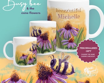 Personalised Bee & Coneflower Mug | Hand-Drawn Wildflower Gift | Ceramic 11oz white mug