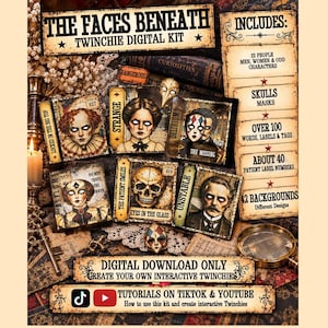 以下が含まれることがあります： The Faces Beneath Twinchieデジタルキットには、22人の人物、頭蓋骨、マスク、100以上の単語、ラベル、40の患者番号、42の背景が含まれています。このデジタルダウンロードには、不気味な白い目をしたキャラクターのヴィンテージ風の肖像画が描かれています。