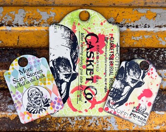 3 HandmadeSkull Tags, mixed media, Junk Journal, supplies, Ephemera, gift tags, journaling tags, happy mail, altered tags ships fast