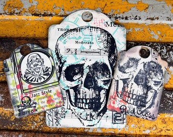 3 Handmade Skull Tags ,mixed media, Junk Journal, supplies, Ephemera, gift tags, journaling tags, happy mail, altered tags, ships fast