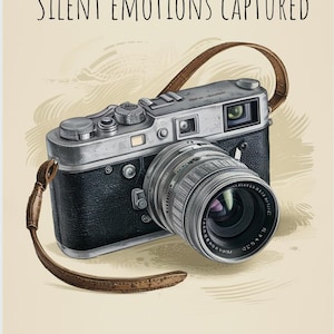 Op de afbeelding: Illustratie van een vintage camera met een leren riem. De camera is zilver en zwart, met een grote lens. De tekst "SILENT EMOTIONS CAPTURED" staat bovenaan de afbeelding.